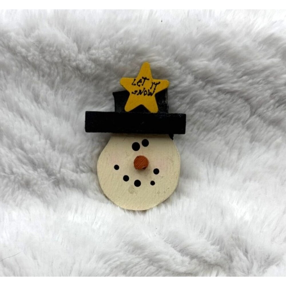 Let It Snow Snowman Lapel Jacket Pin Brooch Wood American Craft
